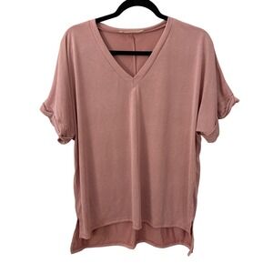 Vine & Love Dusty Rose Modal Spandex V Neck Boxy Cuffed High Low Tunic Top S
